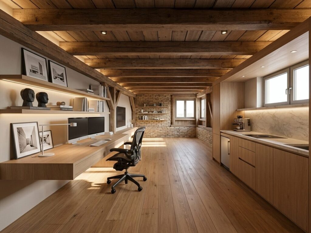 KI-Visualisierung: Büro mit Küchenzeile unter Holzbalken